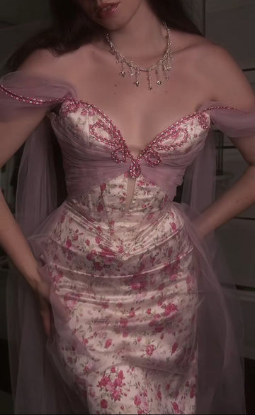 Pink Flowy Print Floral A Line Off the Shoulder Satin Tulle Party Dress Prom Dress HZ1023